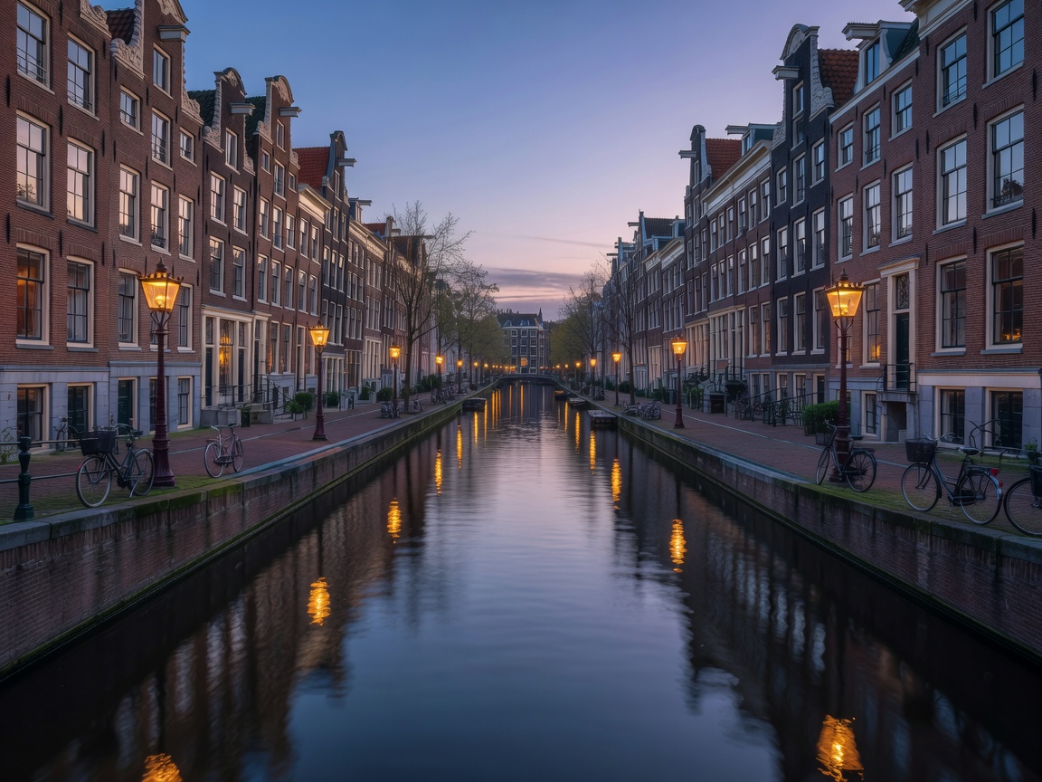 Amsterdam canal reflection with street lamps