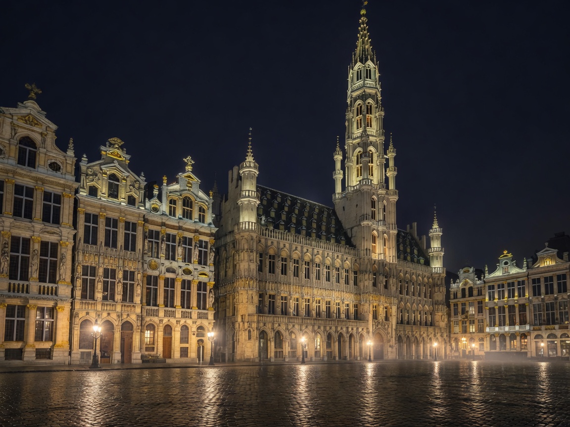 Brussels vintage architecture lit up at night