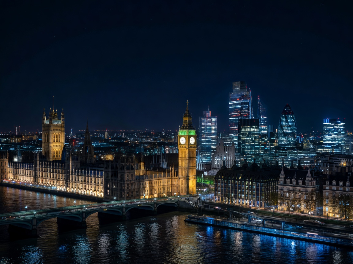 London skyline illuminated at midnight