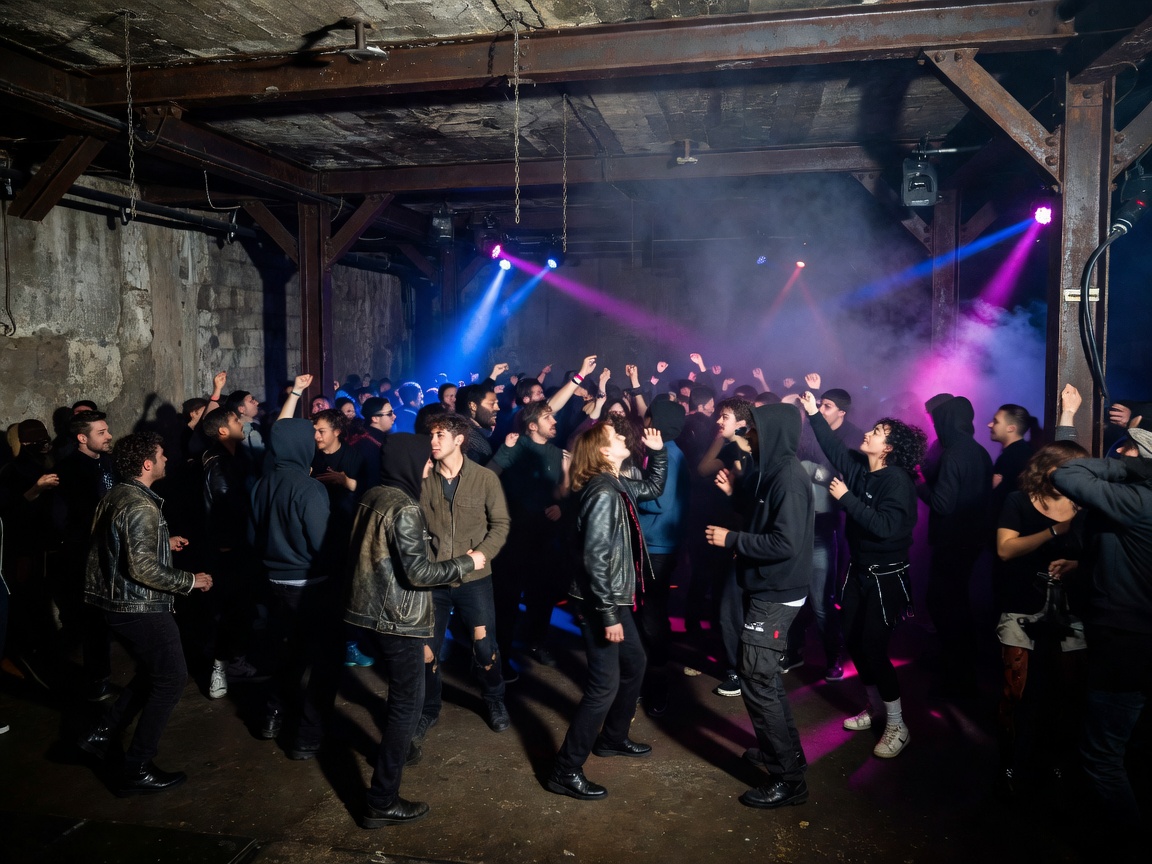 Subterranean club dancefloor with minimal red neon lighting in Amsterdam